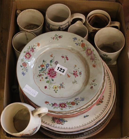 Sundry commemorative mugs & beakers, a Chinese plate (a.f) & 6 other plates